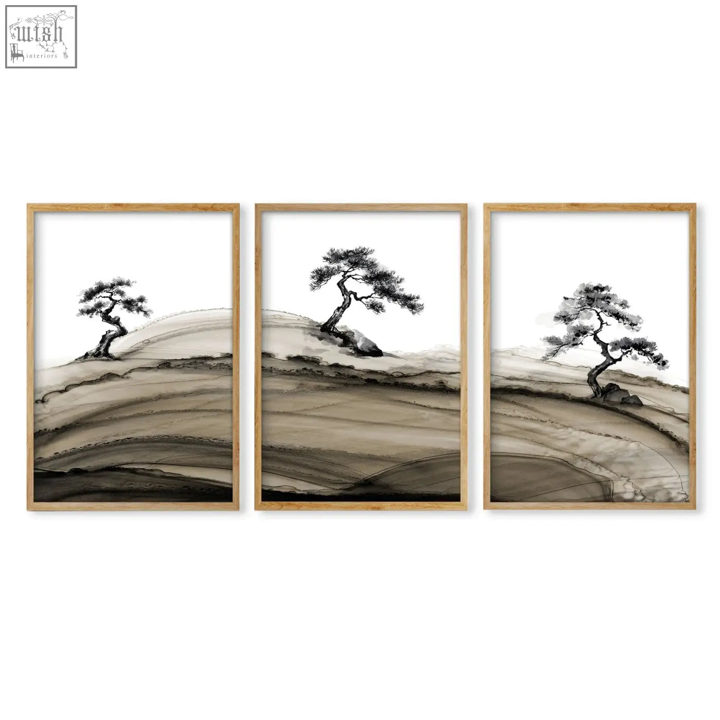 Set of three minimalist landscape prints japanese featuring ink-wash pine trees on textured brown tones