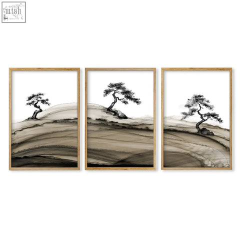 Set of three minimalist landscape prints japanese featuring ink-wash pine trees on textured brown tones