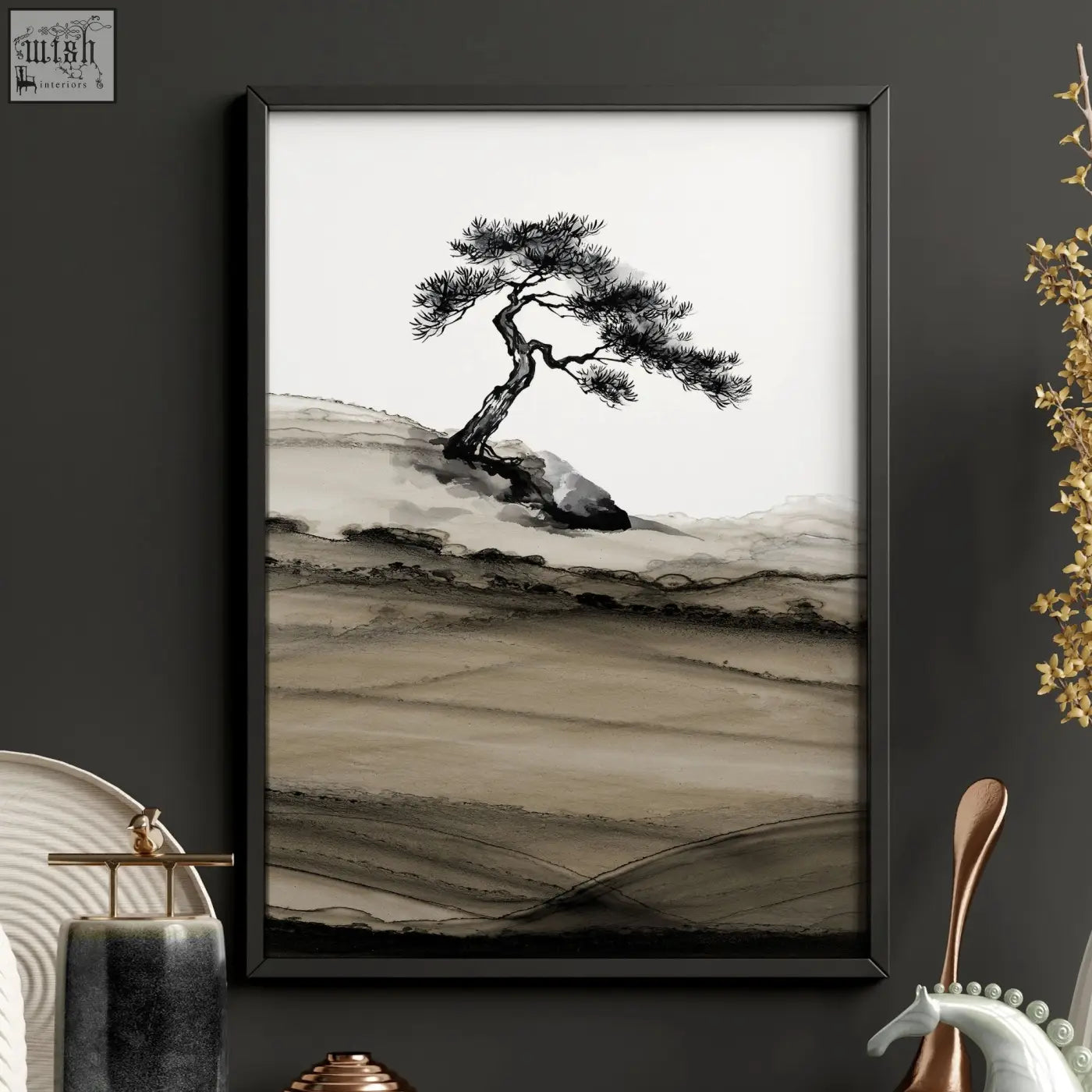 Black-framed landscape prints japanese ink featuring a minimalist pine tree on a rocky hillside with brown tones