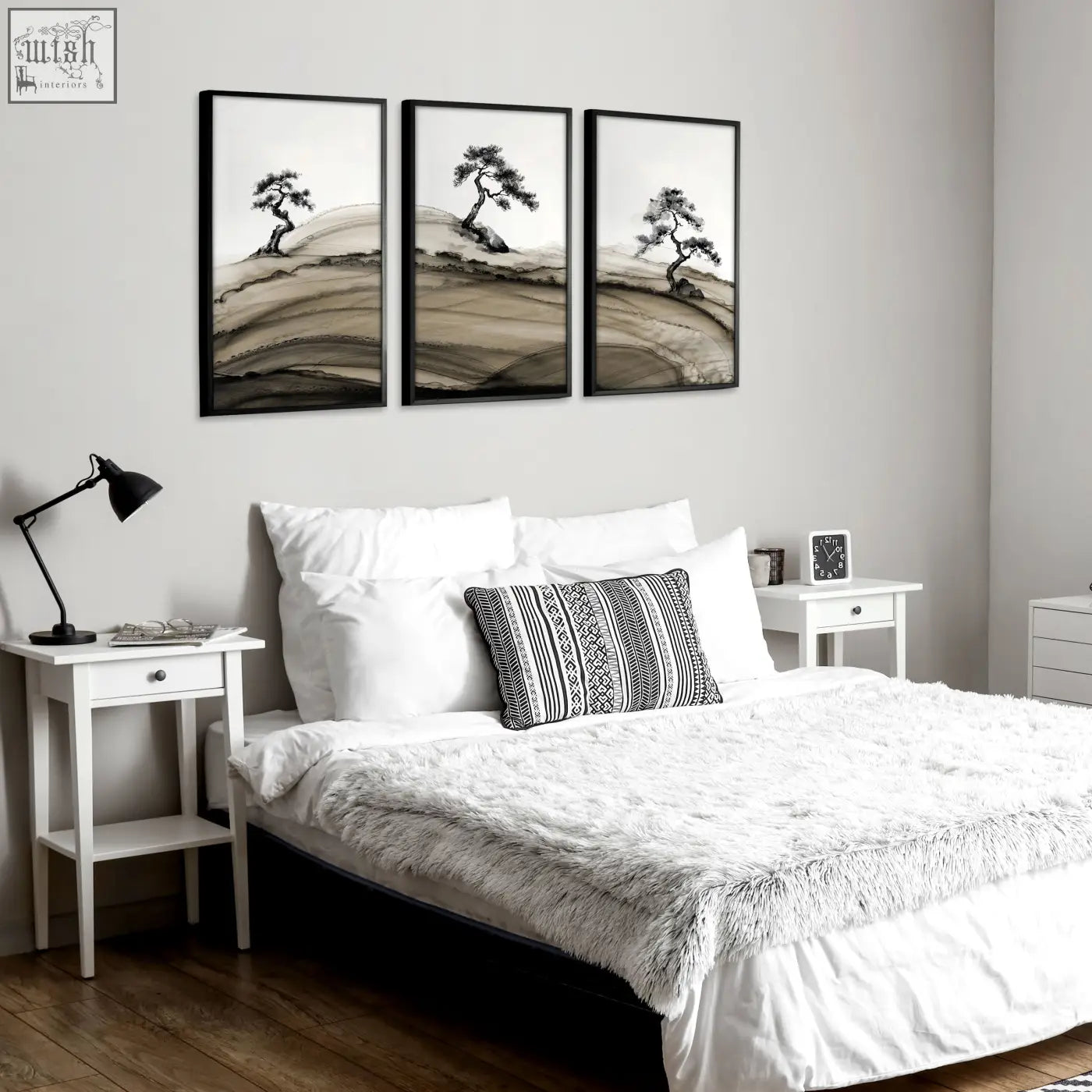 Three-panel black-framed landscape prints japanese ink with minimalist pine trees in brown tones on rolling hills