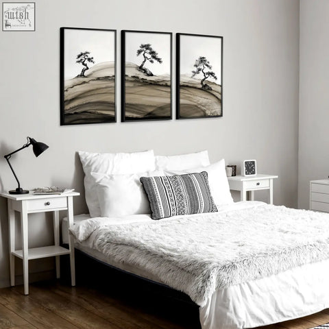 Three-panel black-framed landscape prints japanese ink with minimalist pine trees in brown tones on rolling hills