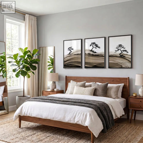 Wooden bed with natural finish and solid wood frame paired with nightstands featuring landscape prints japanese brown tones