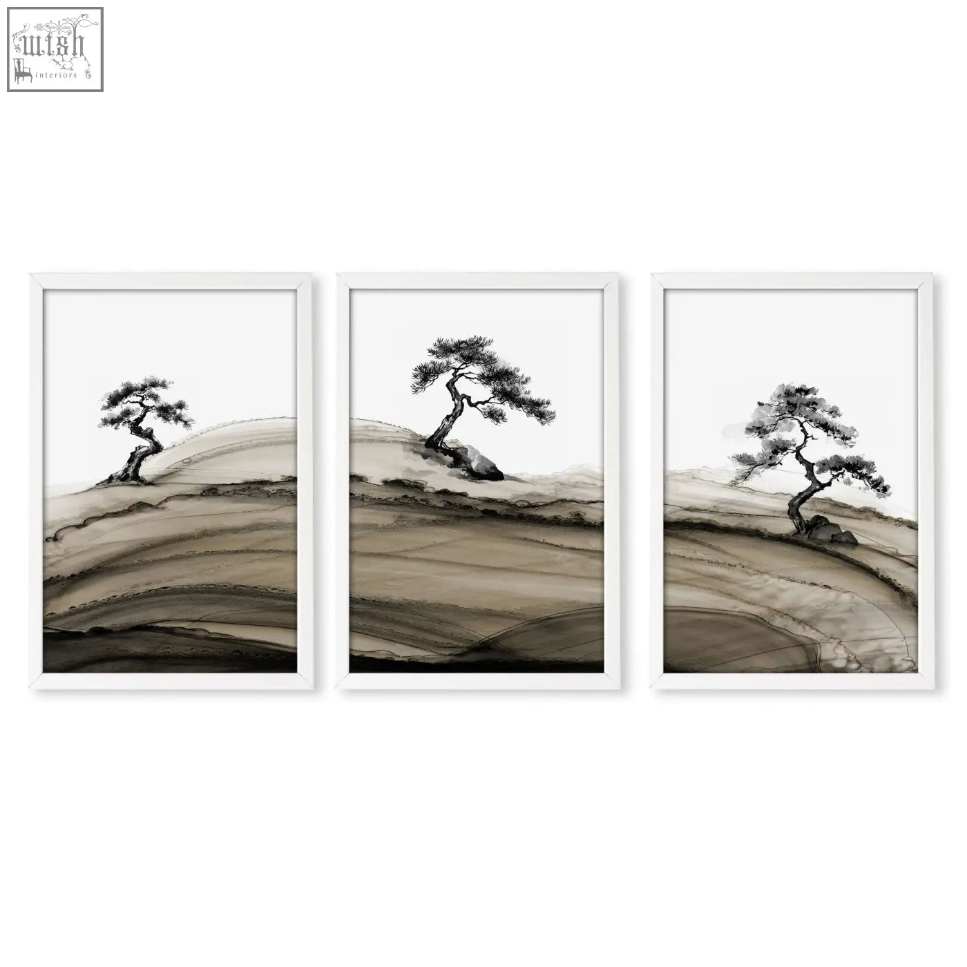 Set of three minimalist framed landscape prints japanese ink bonsai trees on textured brown tones