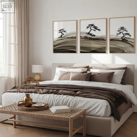 Set of three landscape prints japanese with ink-wash pine trees on brown tones hills in light wood frames