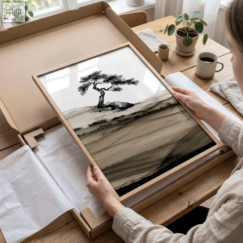 Minimalist landscape prints japanese ink bonsai tree on textured brown tones paper in light wood frame set of 3