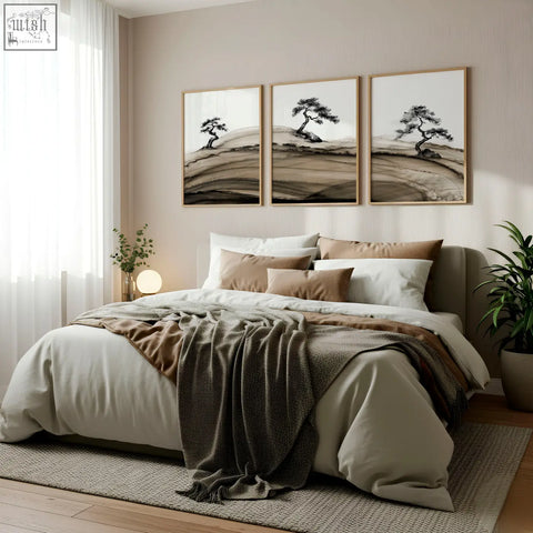 Three framed minimalist japanese ink landscape prints of solitary pine trees on rolling hills in brown tones