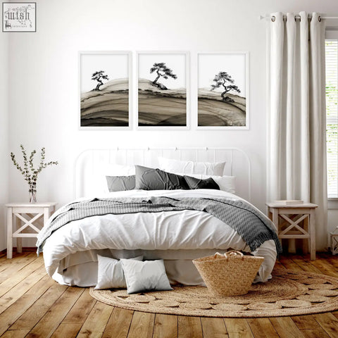 Three framed black and white landscape prints japanese ink bonsai trees on rolling hills with simple white frames