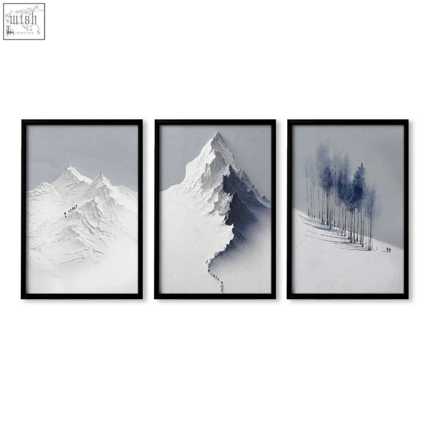 Set of three minimalist black-framed landscape wall art prints featuring nordic snow mountains and winter forest scenes