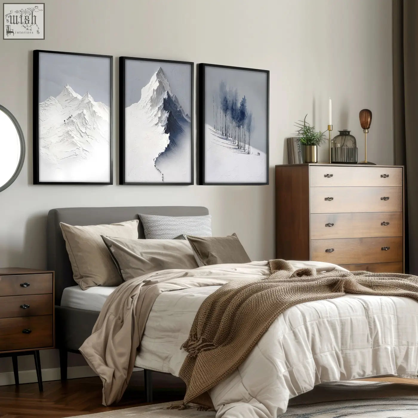 Set of 3 black-framed minimalist landscape wall art featuring nordic snow mountains and winter forest prints