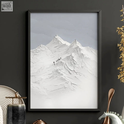 Black-framed minimalist landscape wall art with textured white snow mountains and climbers in winter forest set of 3