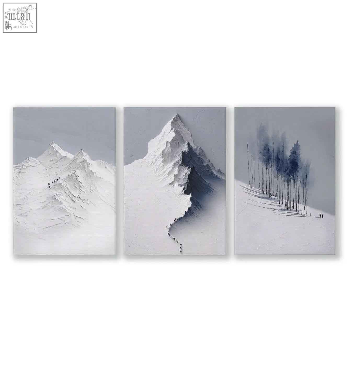 Set of 3 minimalist landscape wall art featuring muted grayscale nordic snow mountains and winter forest scenes