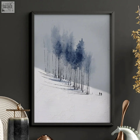 Minimalist framed landscape wall art featuring a nordic snowy forest with tall blue trees on white slopes set of 3