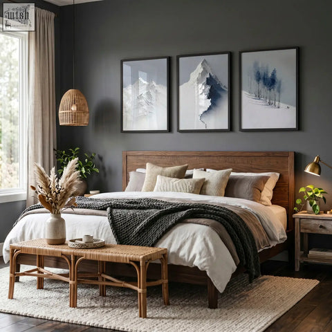 Rustic wooden bed with dark brown finish and neutral pillows in a room featuring landscape wall art nordic snow mountains set