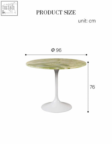 Langenfeld round dining table with a sleek light green marble top and smooth white pedestal base for dining use