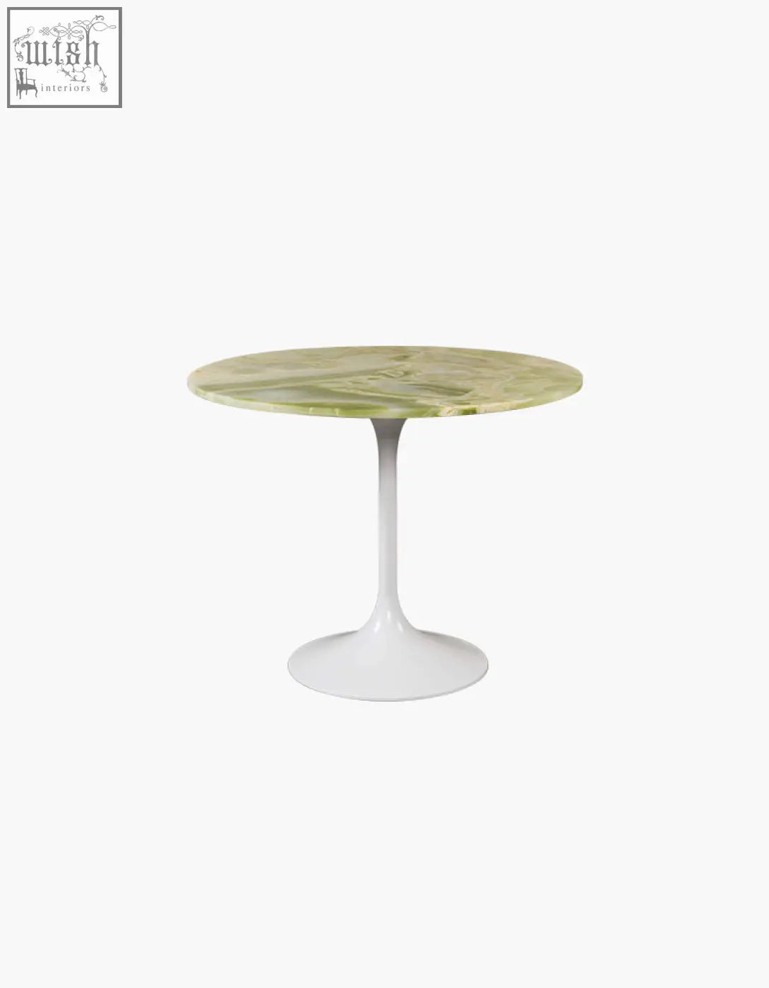Langenfeld round dining table with a polished green marble top and smooth white pedestal base perfect for dining