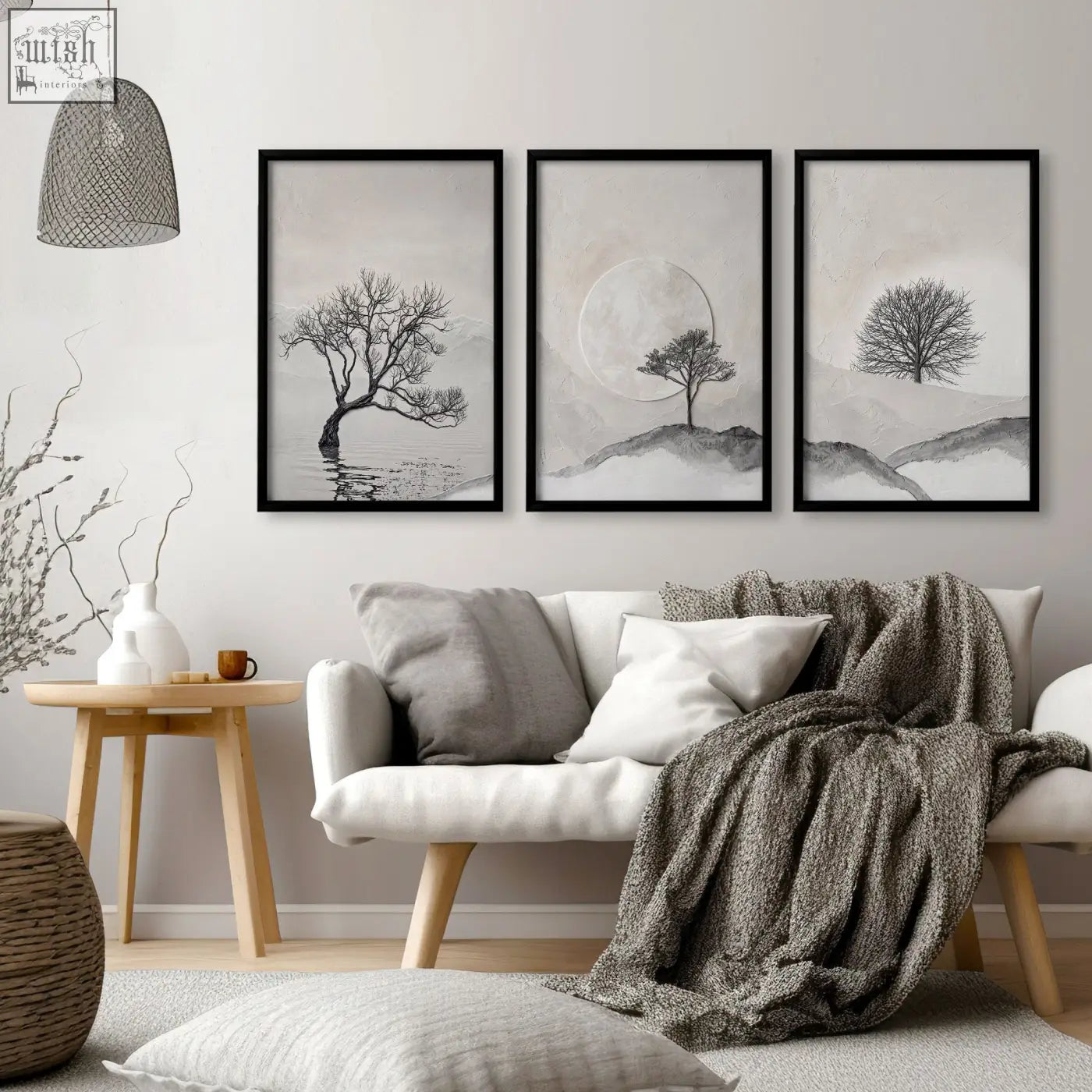 Large 3 piece black framed wall art set featuring minimalist Scandinavian trees and moon landscape for living room decor