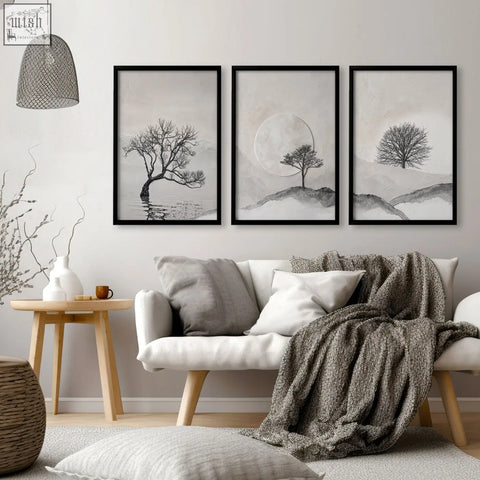 Large 3 piece black framed wall art set featuring minimalist Scandinavian trees and moon landscape for living room decor