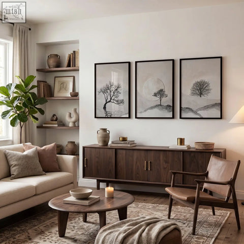 Dark wood sideboard with sleek metal handles and minimalist design holding books and vases in living room wall art setup