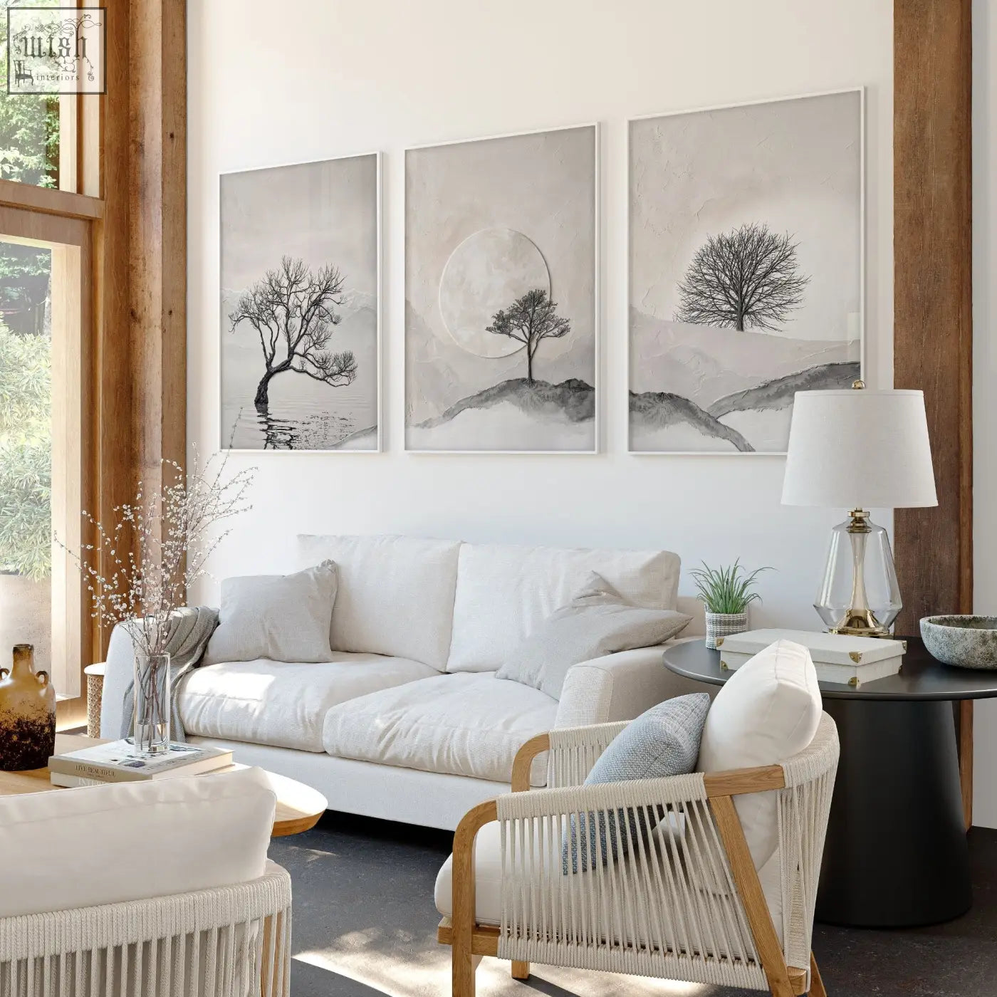Set of three minimalist black and white piece wall art featuring solitary trees for living room Scandinavian style