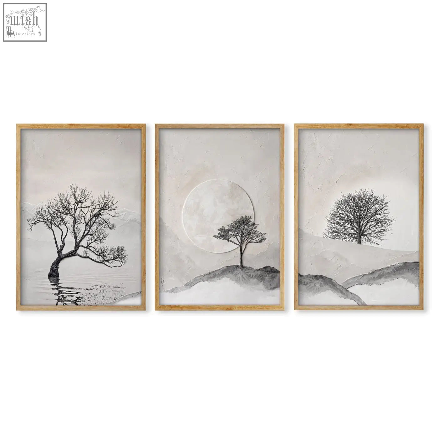 Set of three minimalist black and white framed wall art prints of solitary trees in misty landscapes for living room decor