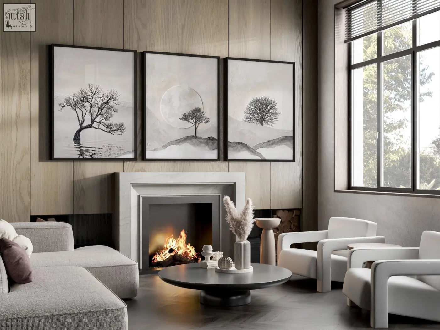 Modern minimalist fireplace with sleek white frame and glowing flames next to large 3 piece wall art for living room