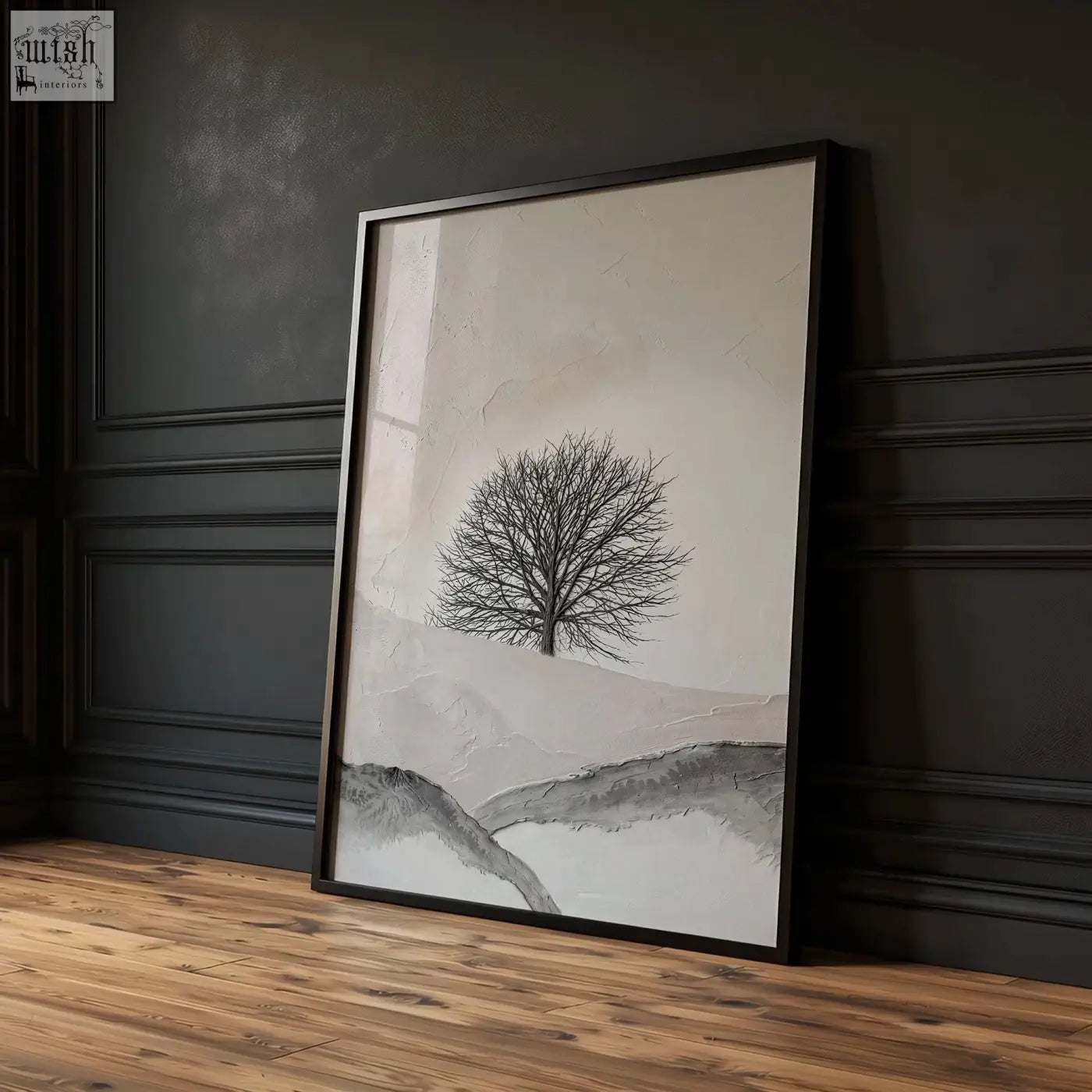 Large 3 piece wall art featuring black framed minimalist tree against beige and gray abstract landscape for living room