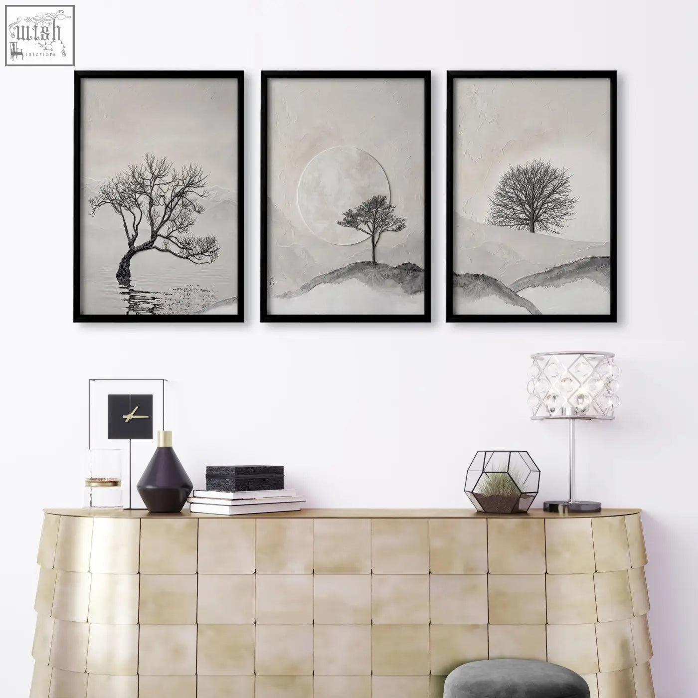Set of three black-framed minimalist wall art prints with monochrome scandinavian nordic trees and moon for living room
