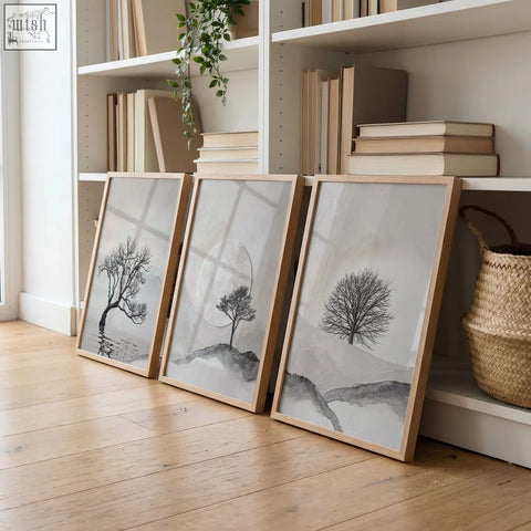 Three minimalist black and white tree prints in light wood frames large 3 piece wall art for living room decor