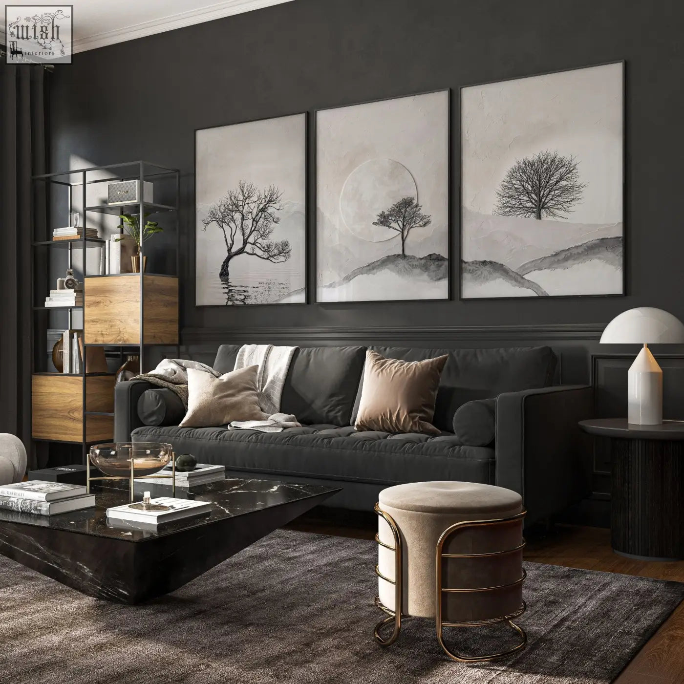 Dark gray upholstered sofa with beige taupe pillows below large 3 piece scandinavian nordic trees and moon wall art for living room