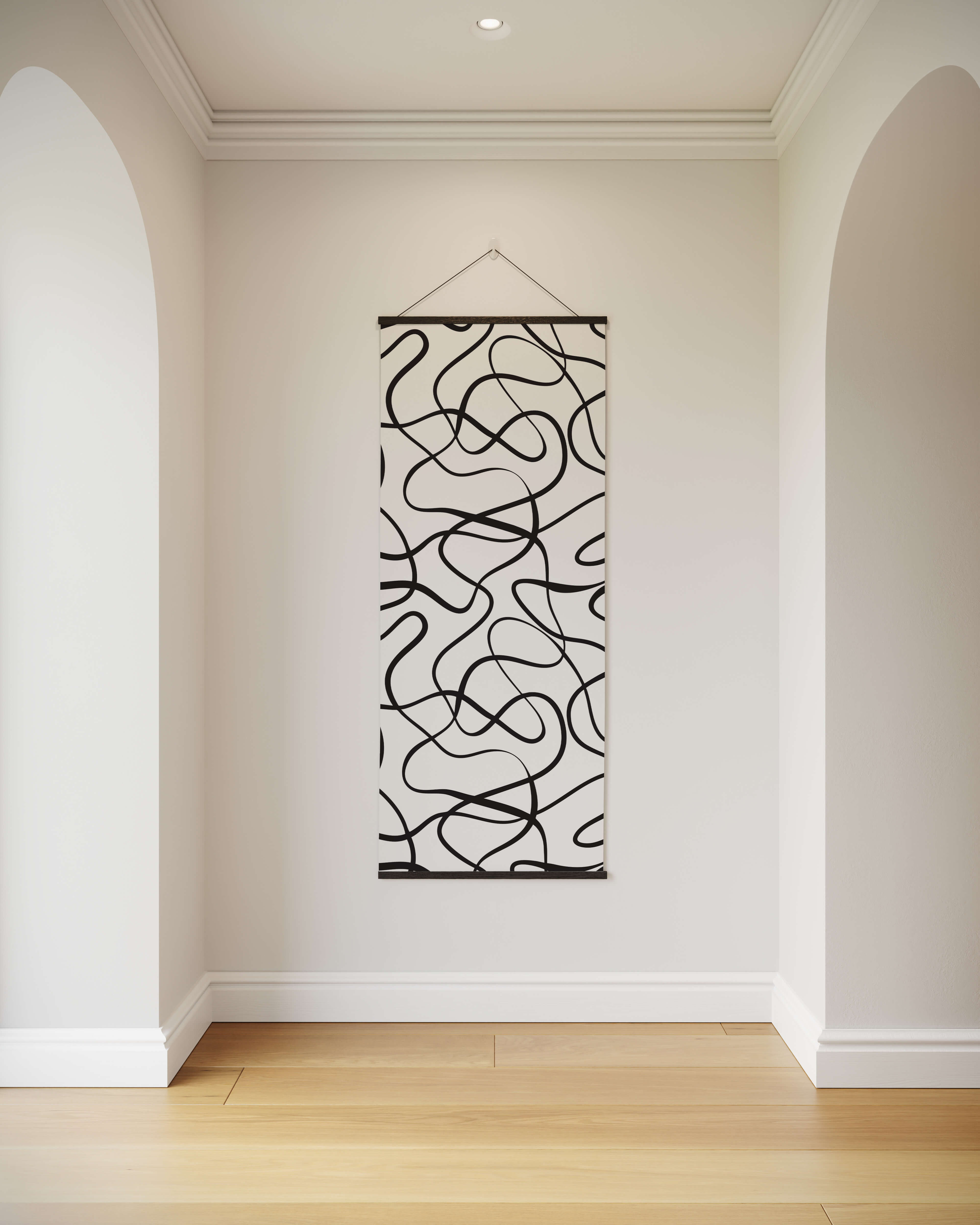 Large abstract wavy black line art wall hanging with minimalist design suspended by thin wire as wavy line tapestry