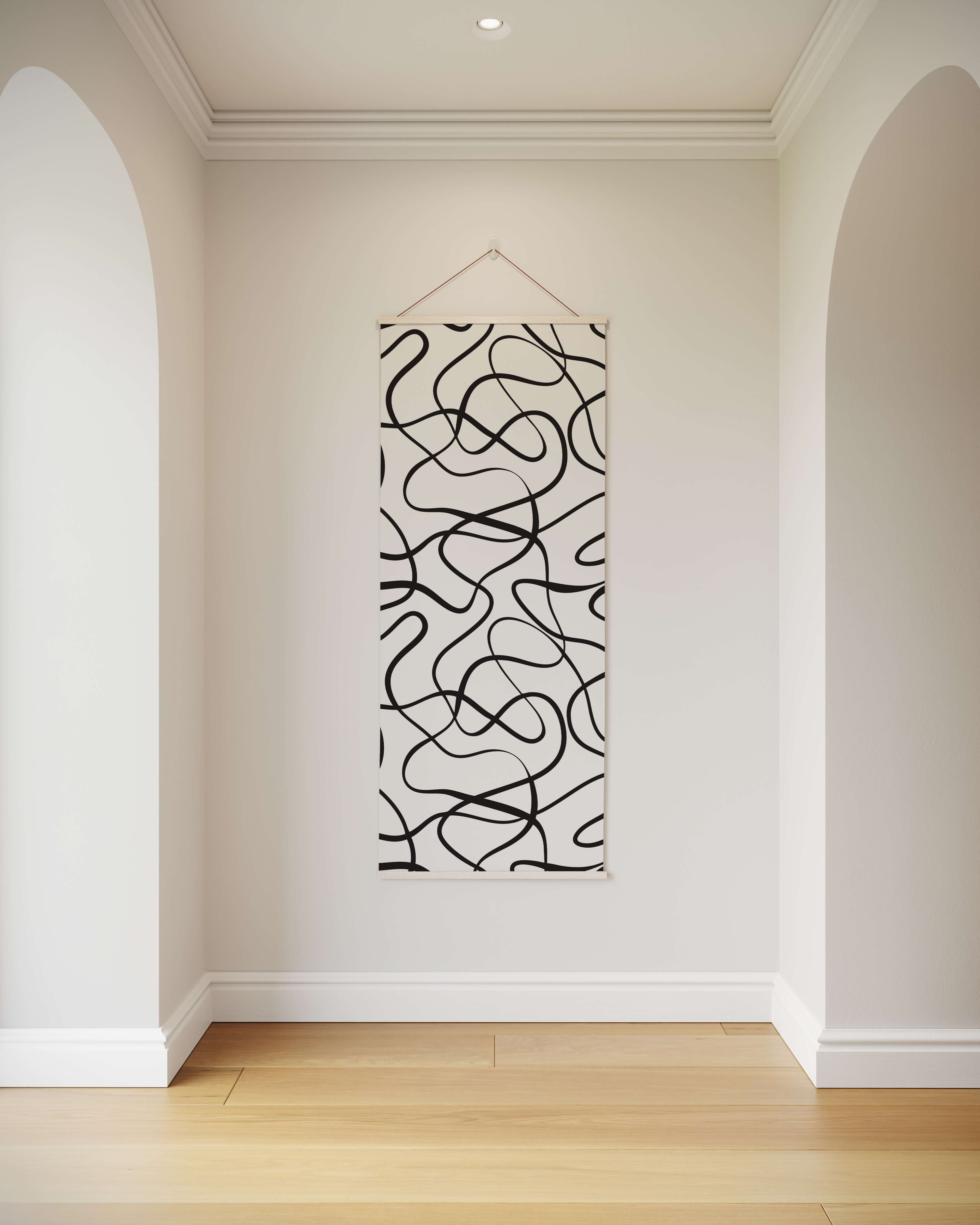 Black abstract wavy line tapestry hanging on a white wall large abstract wavy line art for home decor