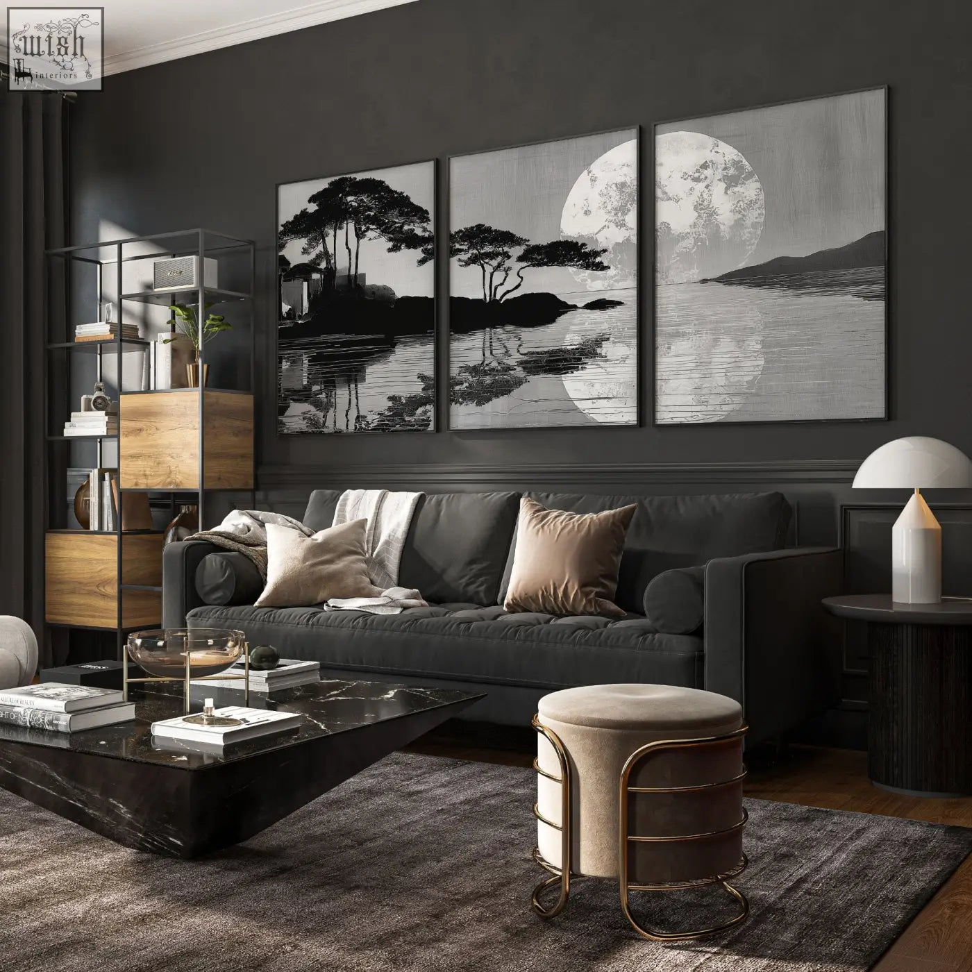 Black and white large art living room triptych featuring japanese moonrise silhouette with trees and water reflections