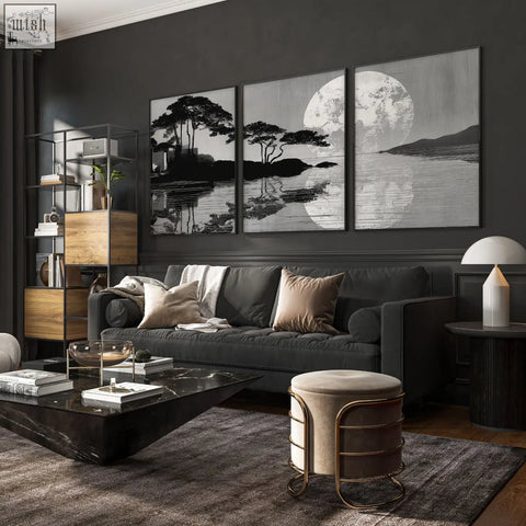 Black and white large art living room triptych featuring japanese moonrise silhouette with trees and water reflections