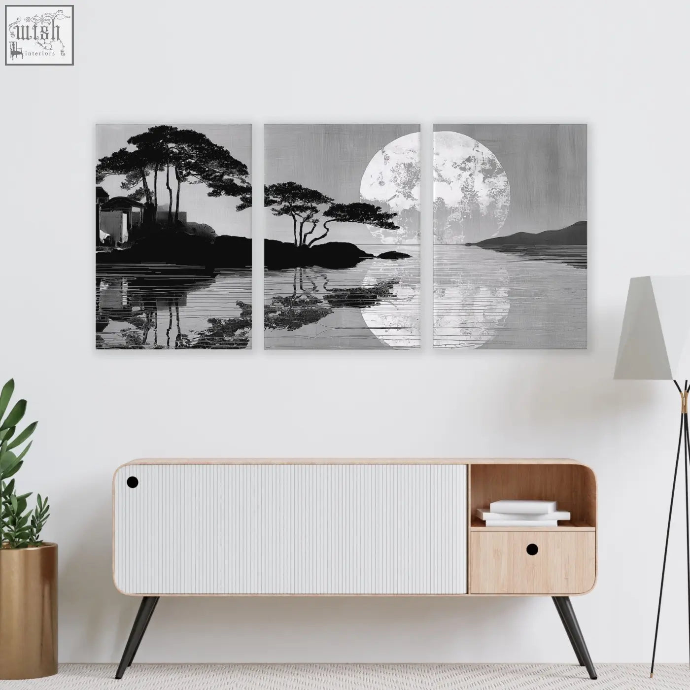 Black and white triptych large art living room wall prints showing japanese moonrise silhouette with trees and lake reflection