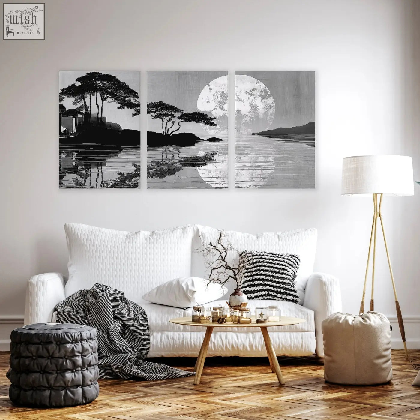 Black-and-white large art living room triptych featuring japanese moonrise silhouette with trees and lake reflections