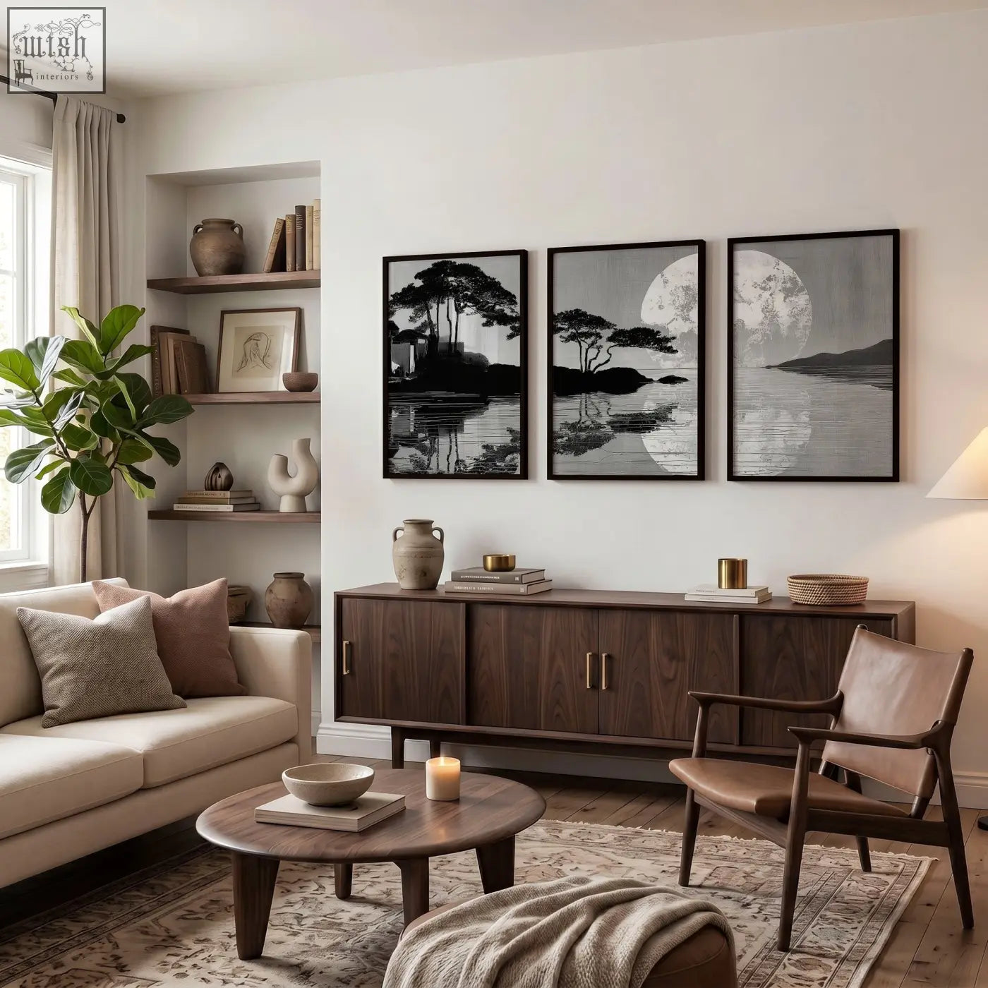 Three large art living room black and white japanese moonrise silhouette prints in sleek black frames above wooden sideboard