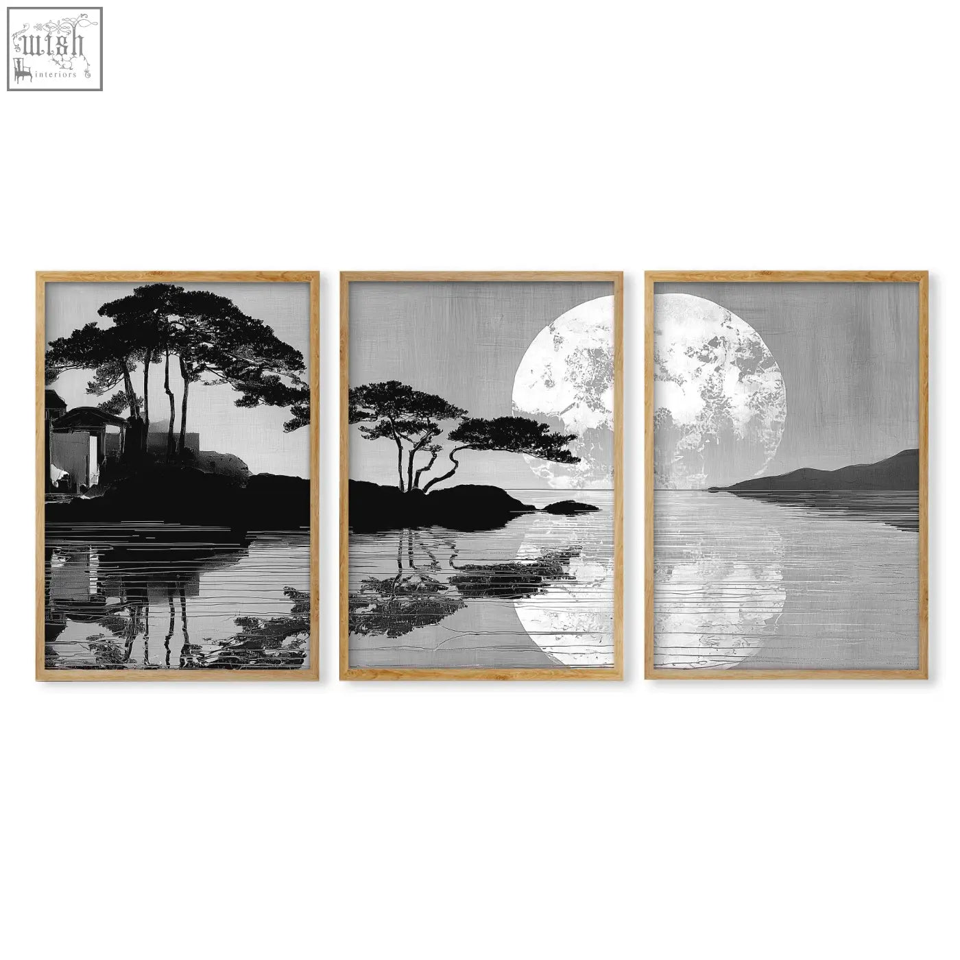 Set of 3 large art living room black and white japanese moonrise silhouette prints in minimalist wooden frames
