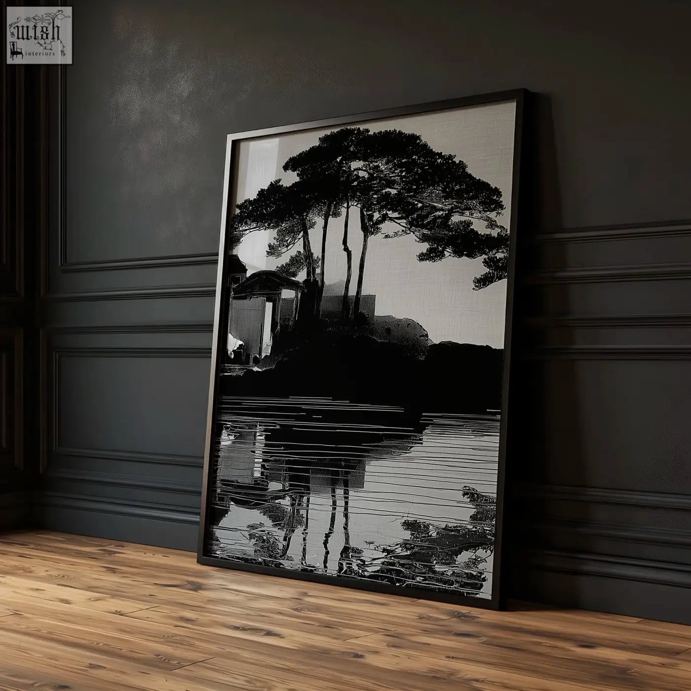 Black-framed large art living room print featuring black-and-white silhouetted trees reflected in water set of 3