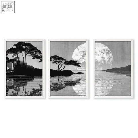 Set of three large art living room black and white minimalist japanese moonrise silhouette wall prints with trees and reflections