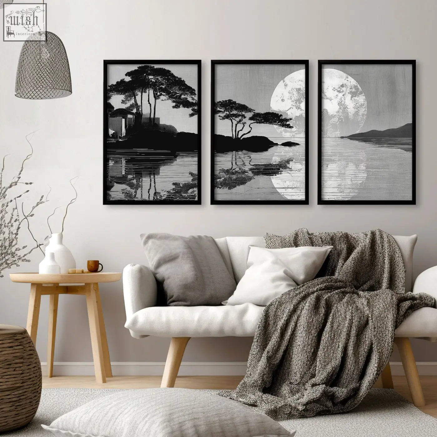Three black-framed monochrome japanese moonrise silhouette wall art prints for large art living room decor