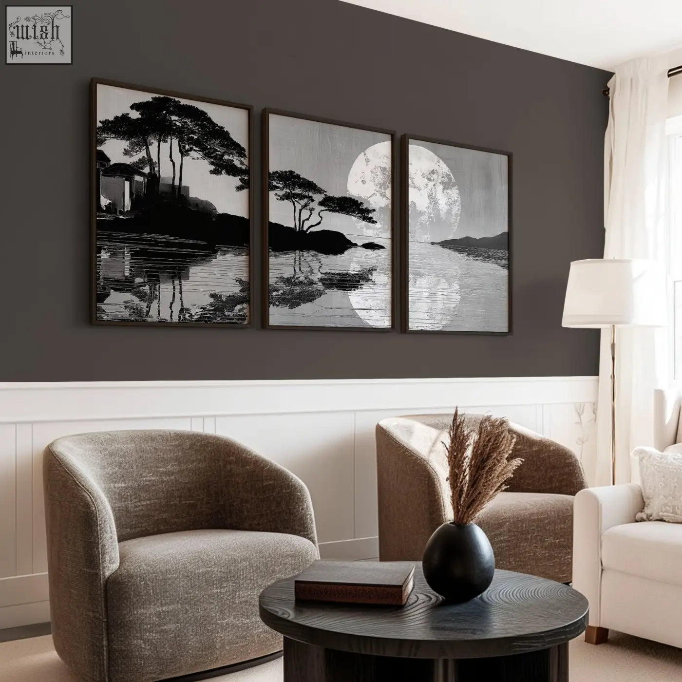 Black spherical vase with dried pampas grass complements large art living room japanese moonrise silhouette prints set of 3