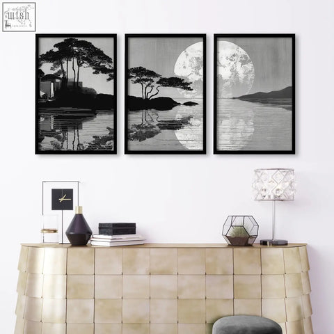 Set of 3 large art living black-framed monochrome japanese moonrise silhouette prints for living room wall decor