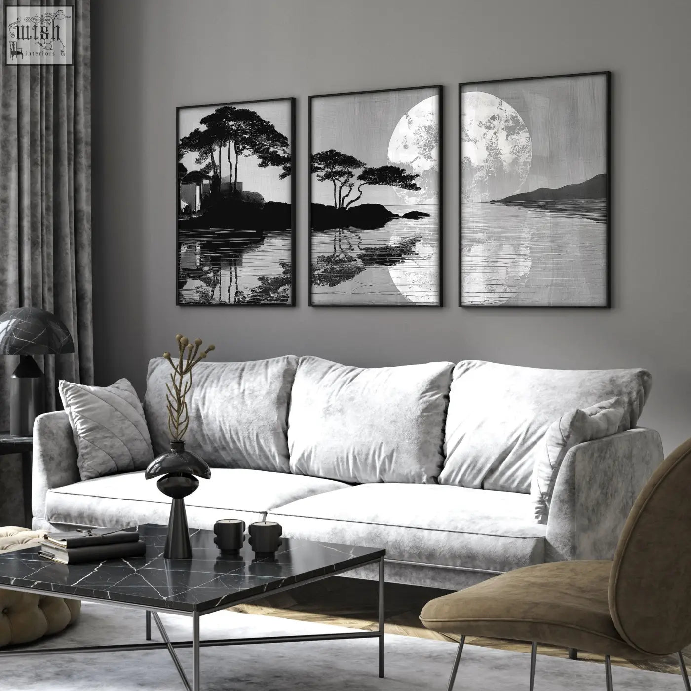 Set of three black-framed large art living room prints with japanese moonrise silhouettes and coastal trees reflections