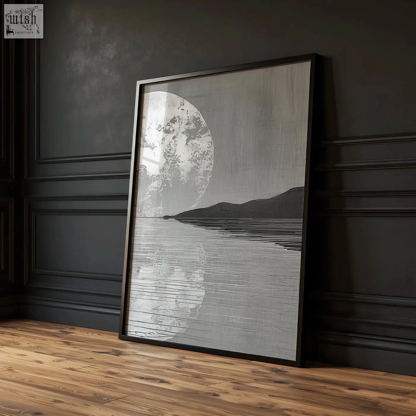 Black-framed minimalist large art living room print featuring a monochromatic moon over water with subtle texture