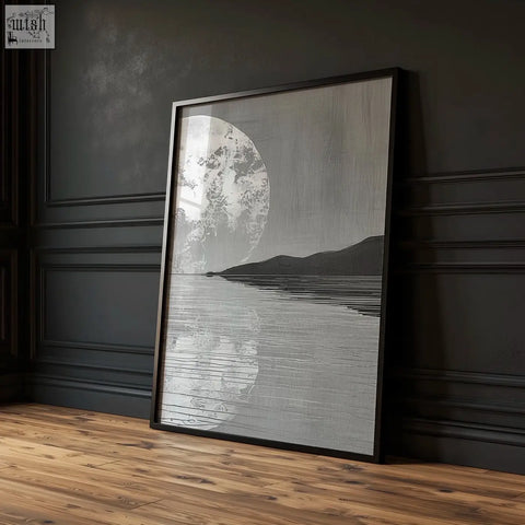 Black-framed minimalist large art living room print featuring a monochromatic moon over water with subtle texture