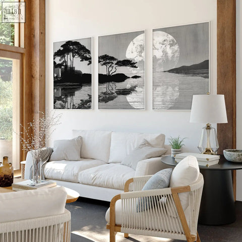 Three-panel large art living set featuring japanese moonrise silhouette in black and white for living room wall decor