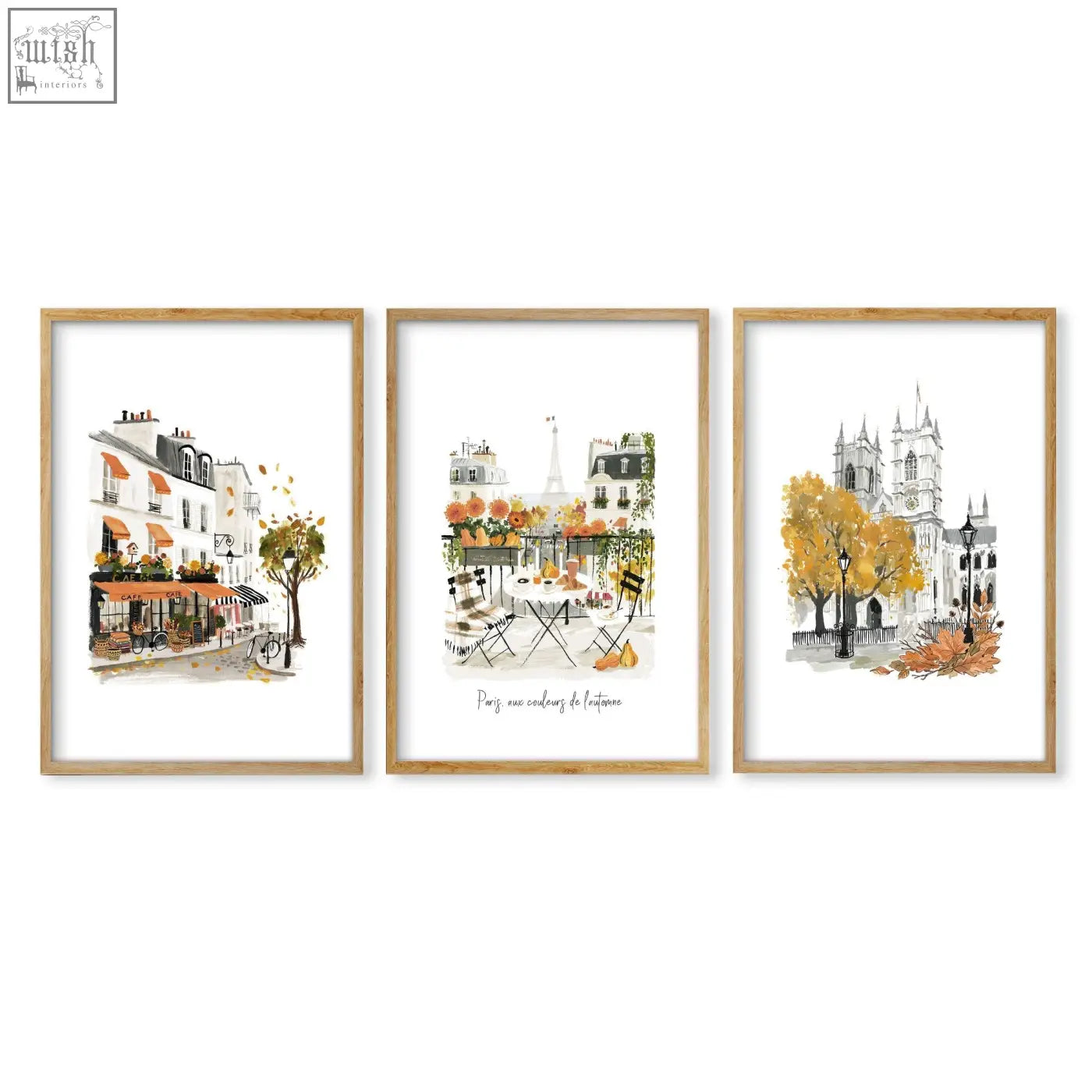 Set of three framed large artwork watercolor prints featuring autumn paris scenes for living room decor