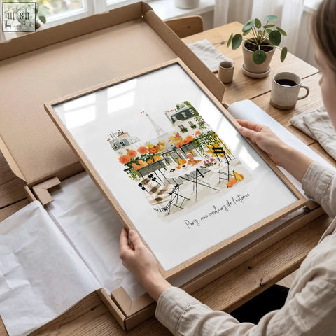 A light wood-framed large artwork for living room featuring autumn paris watercolour with café scene and fall flowers