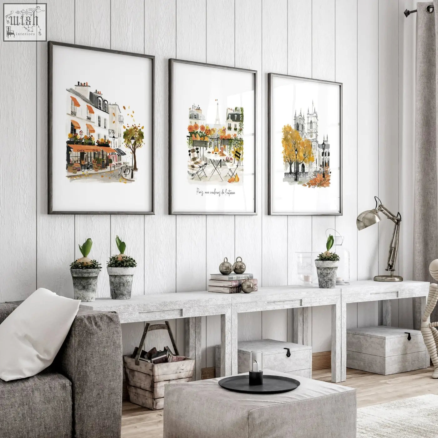 Three framed black large artwork autumn paris watercolour prints showing parisian street scenes for living room decor