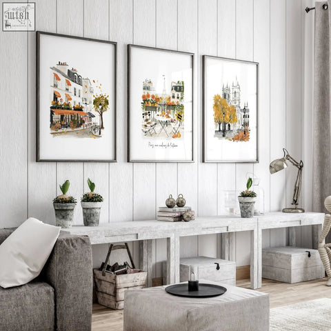 Three framed black large artwork autumn paris watercolour prints showing parisian street scenes for living room decor